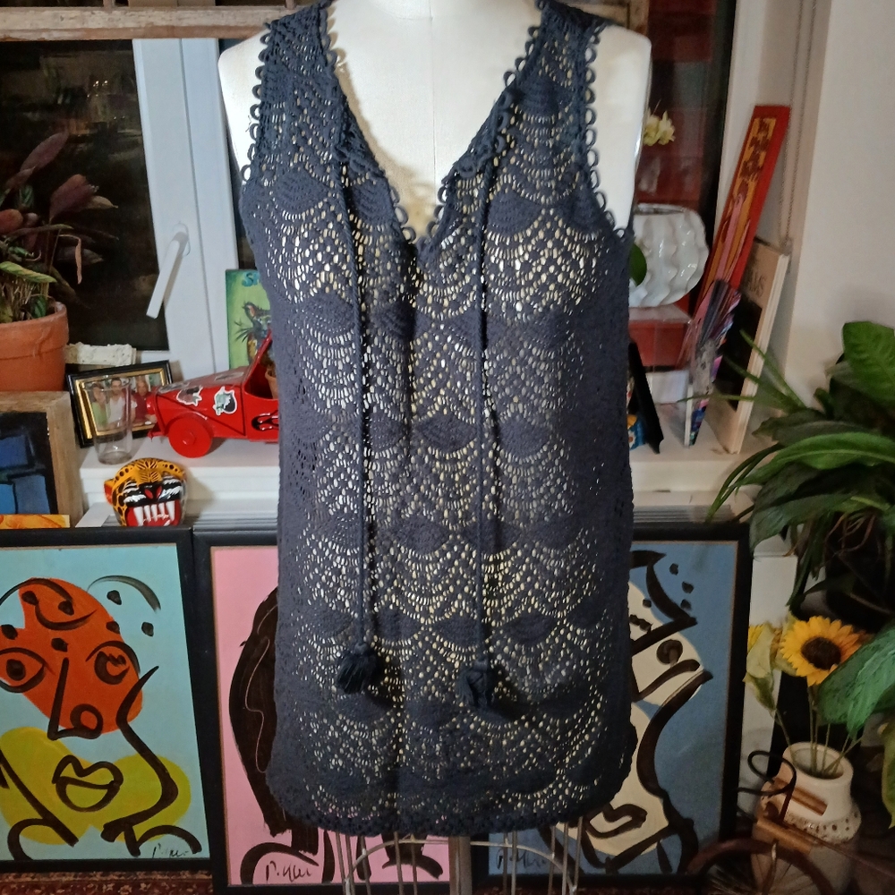 Mud Pie Crochet Tunic Coverup with Tassels Size L